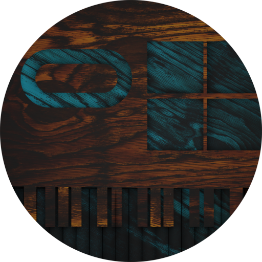ComputerElite icon. Wooden background featuring a windows logo, oculus logo and a piano